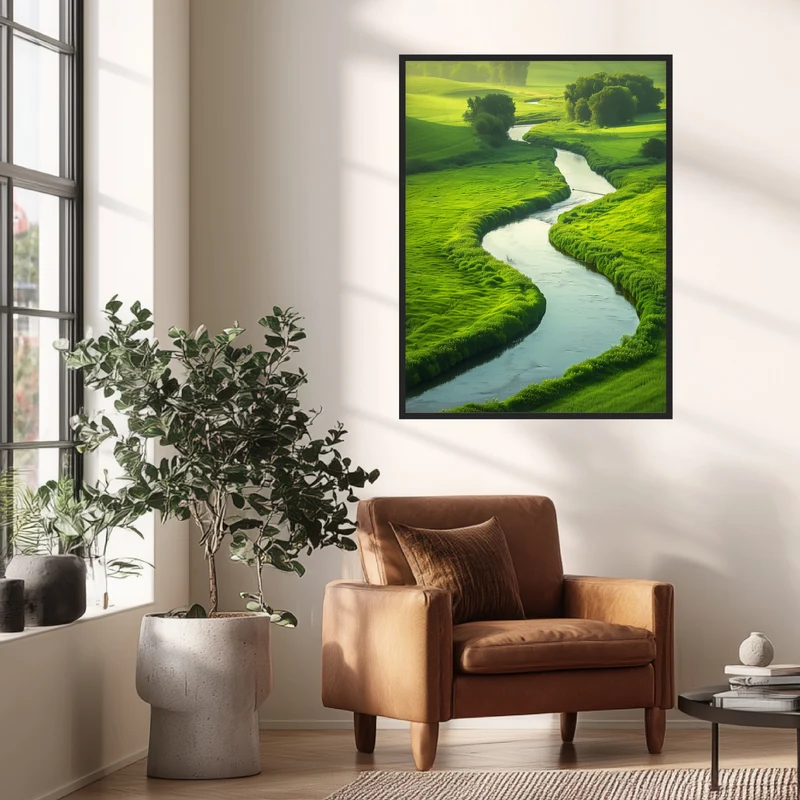Fluss in grüner Landschaft Poster