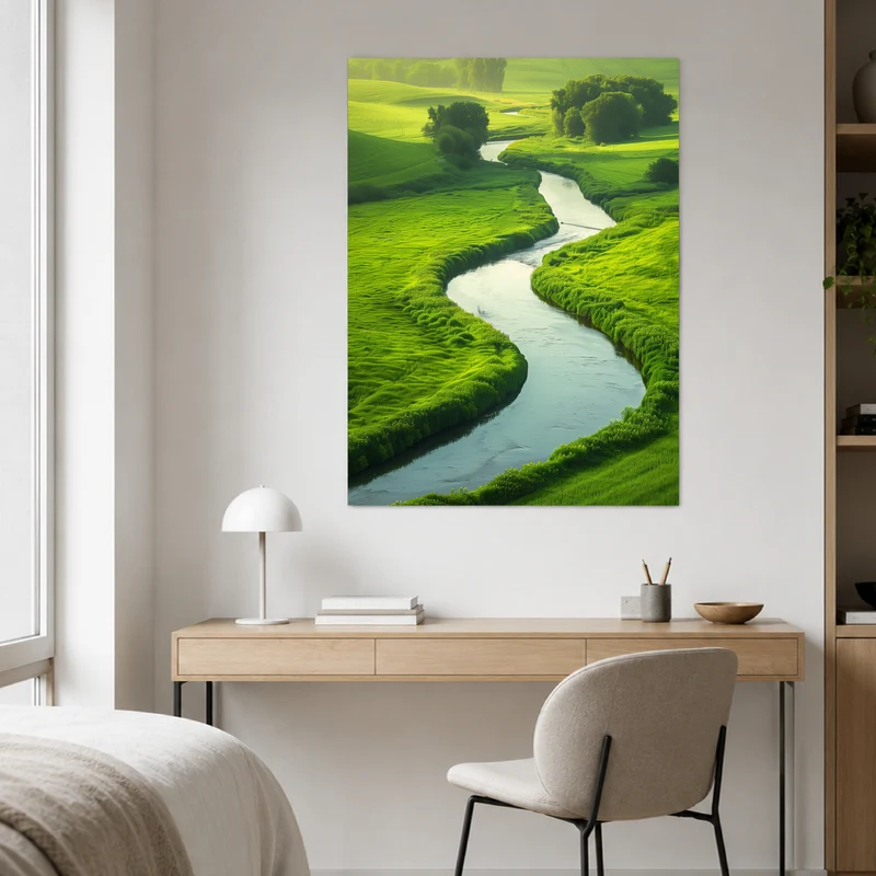 Fluss in grüner Landschaft Poster