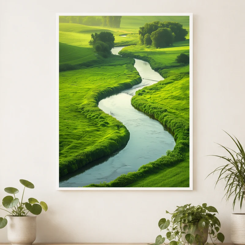 Fluss in grüner Landschaft Poster