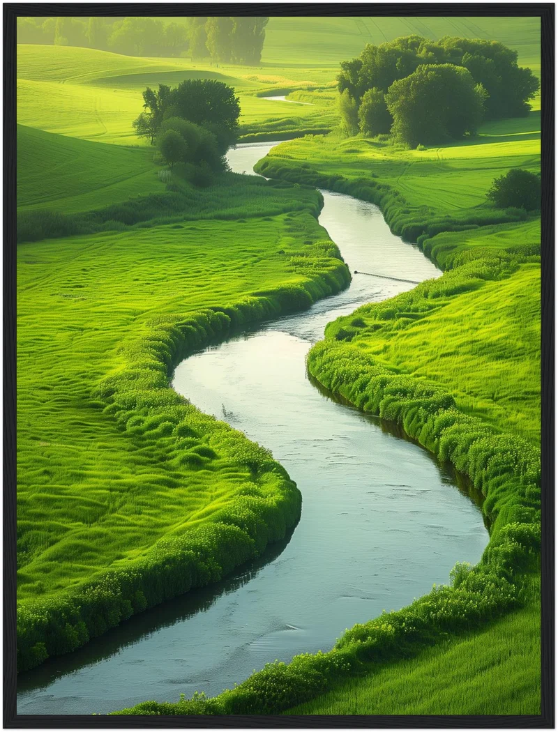 Fluss in grüner Landschaft Poster