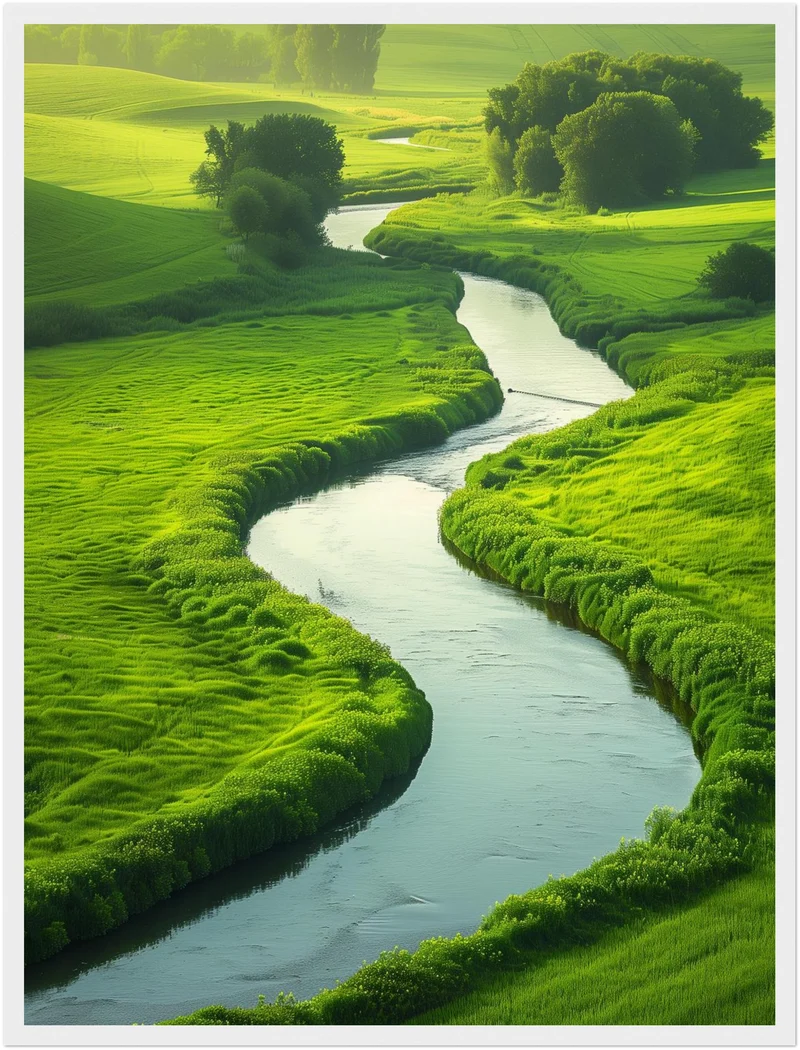 Fluss in grüner Landschaft Poster