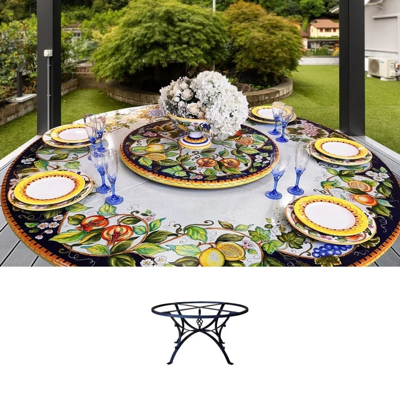 Casa Padrino Luxus Jugendstil Gartentisch Früchtegirlande Blau Ø 180 cm - Runder Esstisch aus handbemaltem Lavastein - Gastronomie Möbel - Made in Italy