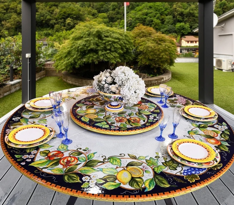 Casa Padrino Luxus Jugendstil Gartentisch Früchtegirlande Blau Ø 180 cm - Runder Esstisch aus handbemaltem Lavastein - Gastronomie Möbel - Made in Italy