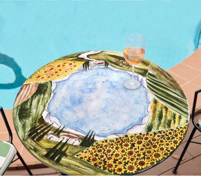 Casa Padrino Luxus Jugendstil Gartentisch Umbrische Landschaft Ø 80 cm - Runder Esstisch aus handbemaltem Lavastein - Gastronomie Möbel - Made in Italy
