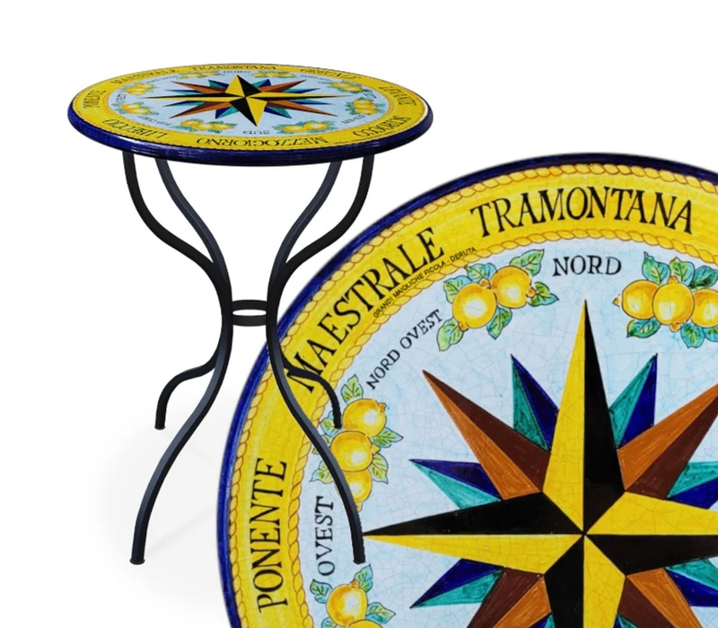 Casa Padrino Luxus Jugendstil Gartentisch Windrose Ø 60 cm - Runder Esstisch aus handbemaltem Lavastein - Gastronomie Möbel - Made in Italy