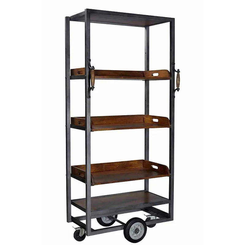 Casa Padrino Industrie Stil Bücherregal Anthrazit / Braun 80 x 40 x H. 180 cm - Fahrbares Regal mit 4 Massivholz Böden