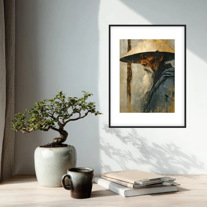 Alter Mann mit Strohhut Tusche Poster