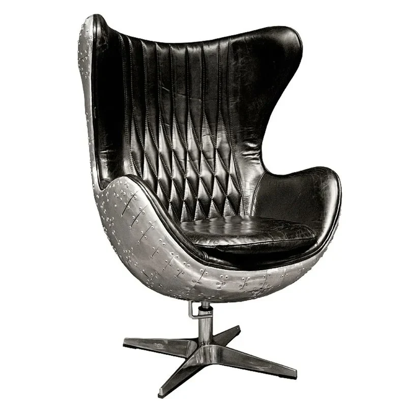 Casa Padrino Luxus Echtleder Drehsessel Schwarz / Silber 79 x 84 x H. 111 cm - Aluminium Flugzeug Flieger Möbel