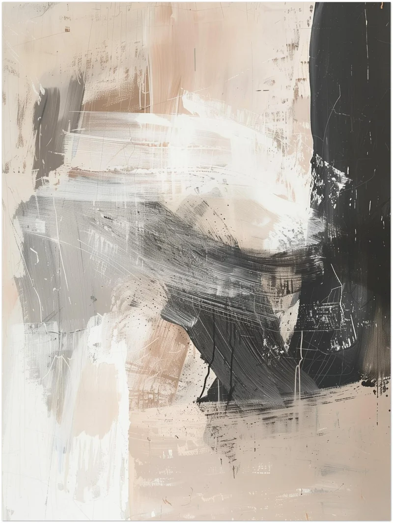 Abstrakte Pinselstriche Beige Schwarz Leinwandbild