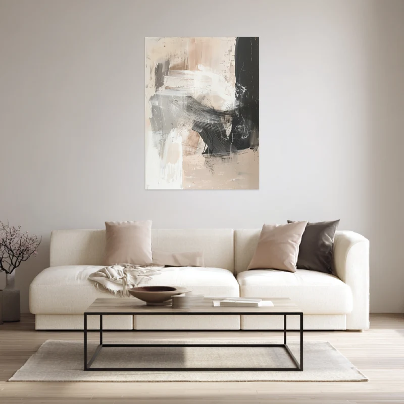 Abstrakte Pinselstriche Beige Schwarz Leinwandbild