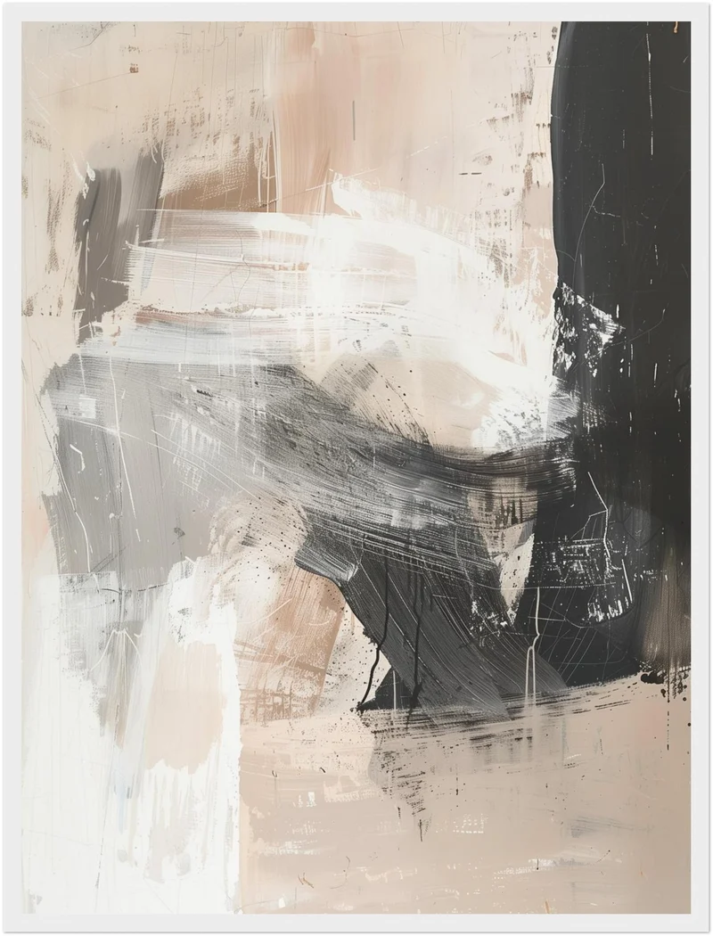 Abstrakte Pinselstriche Beige Schwarz Poster