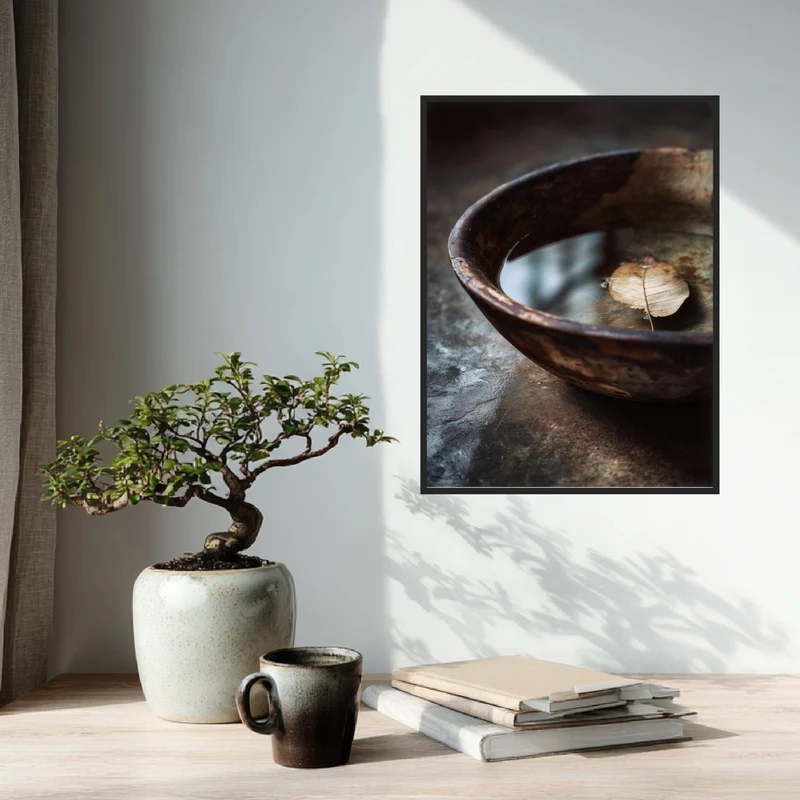 Blatt auf Holzschale Poster