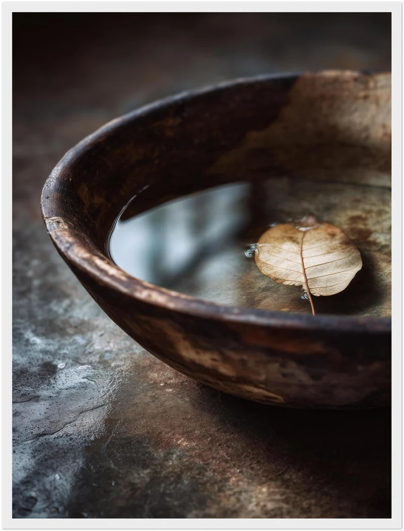 Blatt auf Holzschale Poster