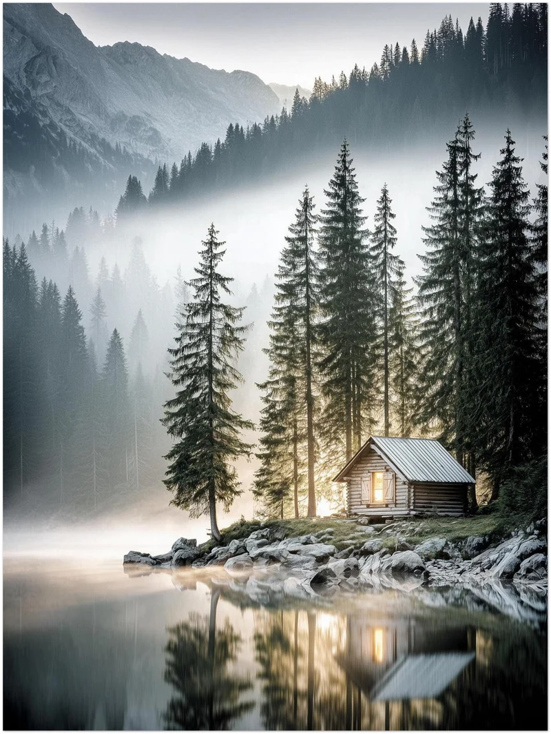 Berghütte im Morgennebel Leinwandbild