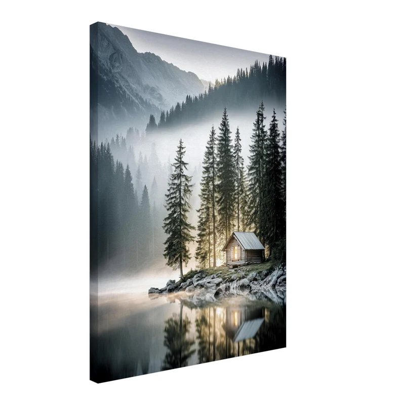Berghütte im Morgennebel Leinwandbild