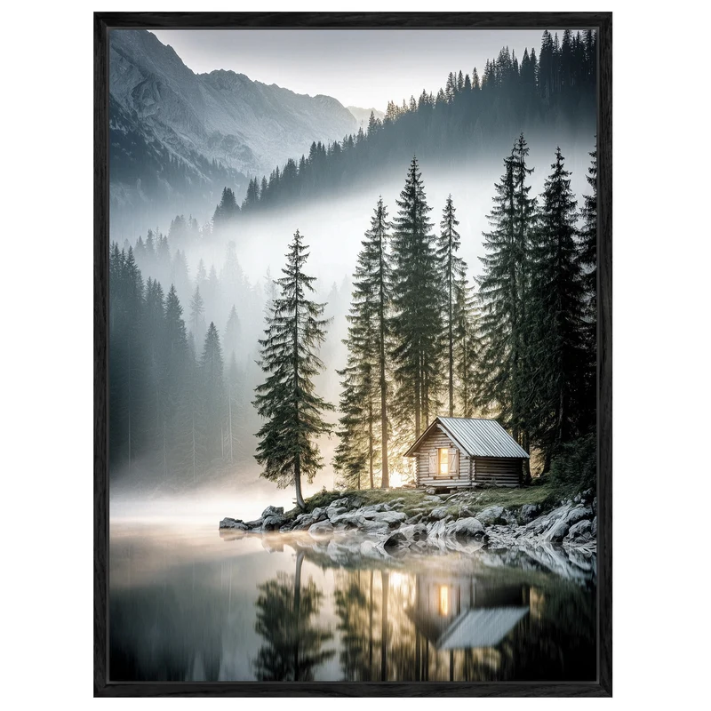 Berghütte im Morgennebel Leinwandbild