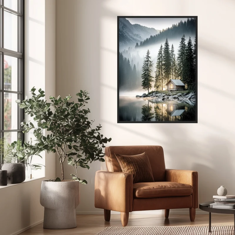 Berghütte im Morgennebel Poster