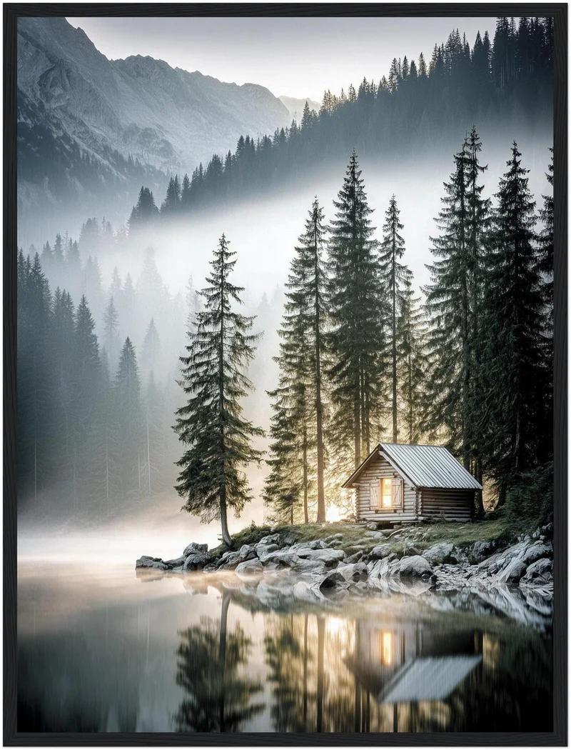 Berghütte im Morgennebel Poster