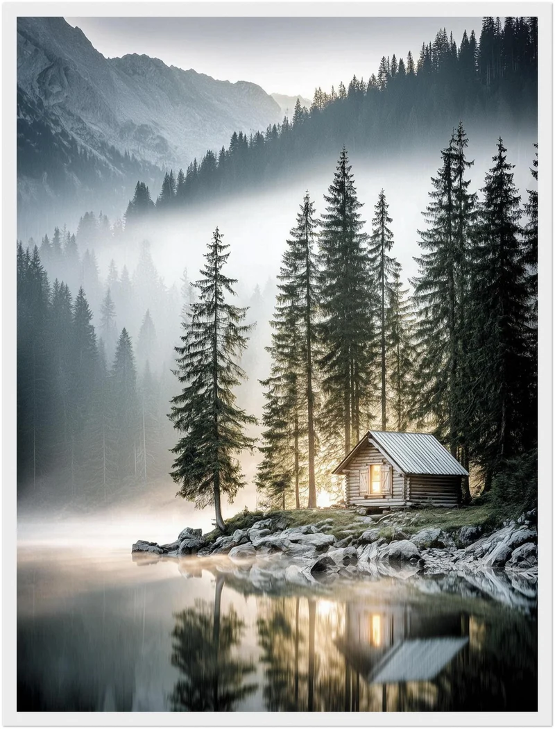 Berghütte im Morgennebel Poster