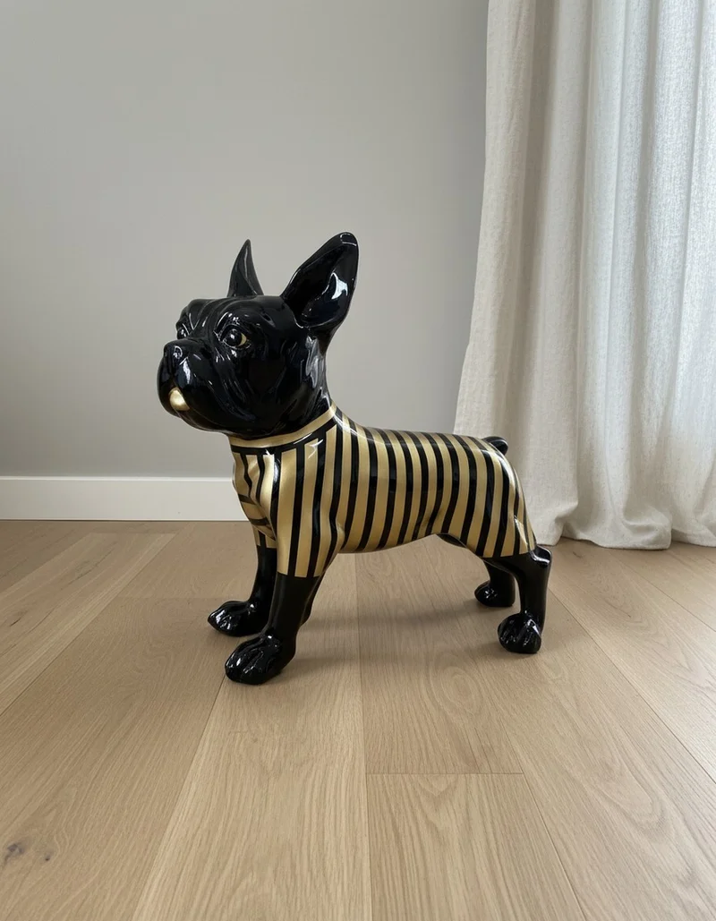 Casa Padrino Luxus Deko Skulptur Hund Französische Bulldogge Streifen Gold H. 178 cm - Riesige Gartenskulptur - Lebensgroße Skulptur - XXL Deko Skulptur - XXL Deko Figur