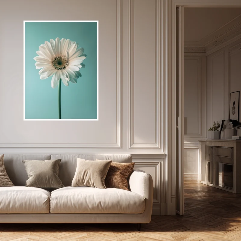 Weiße Gerbera auf Türkis Poster