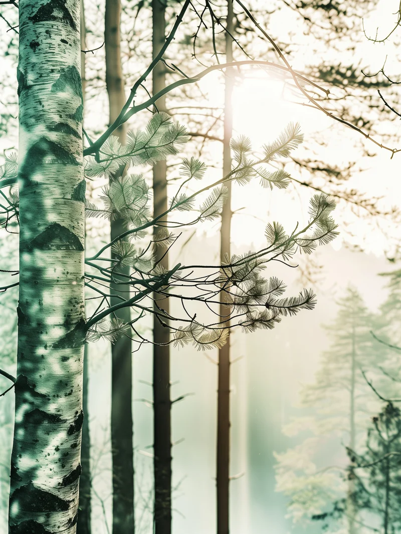 Birkenwald im Morgennebel Poster