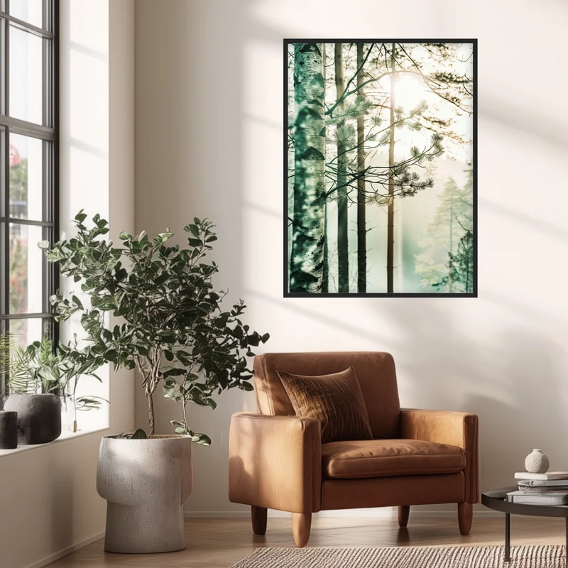 Birkenwald im Morgennebel Poster
