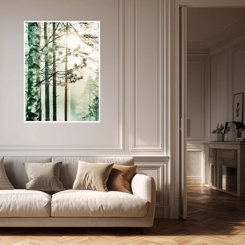 Birkenwald im Morgennebel Poster