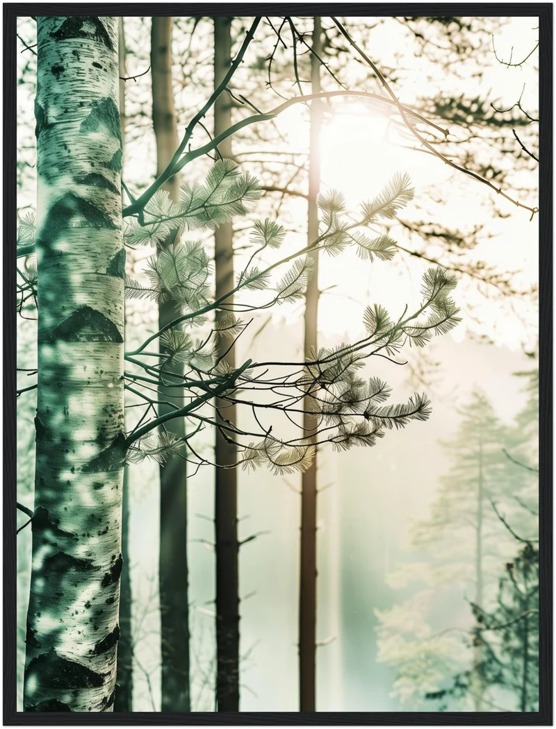 Birkenwald im Morgennebel Poster