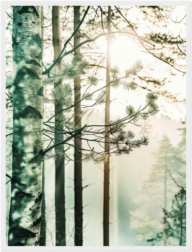 Birkenwald im Morgennebel Poster