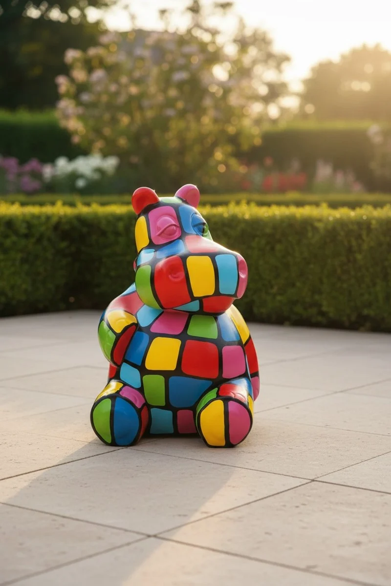 Casa Padrino Luxus Deko Skulptur Nilpferd Sitzen Multicolor H. 95 cm - Deko Skulptur - Deko Figur - Tierfigur - Gartendeko