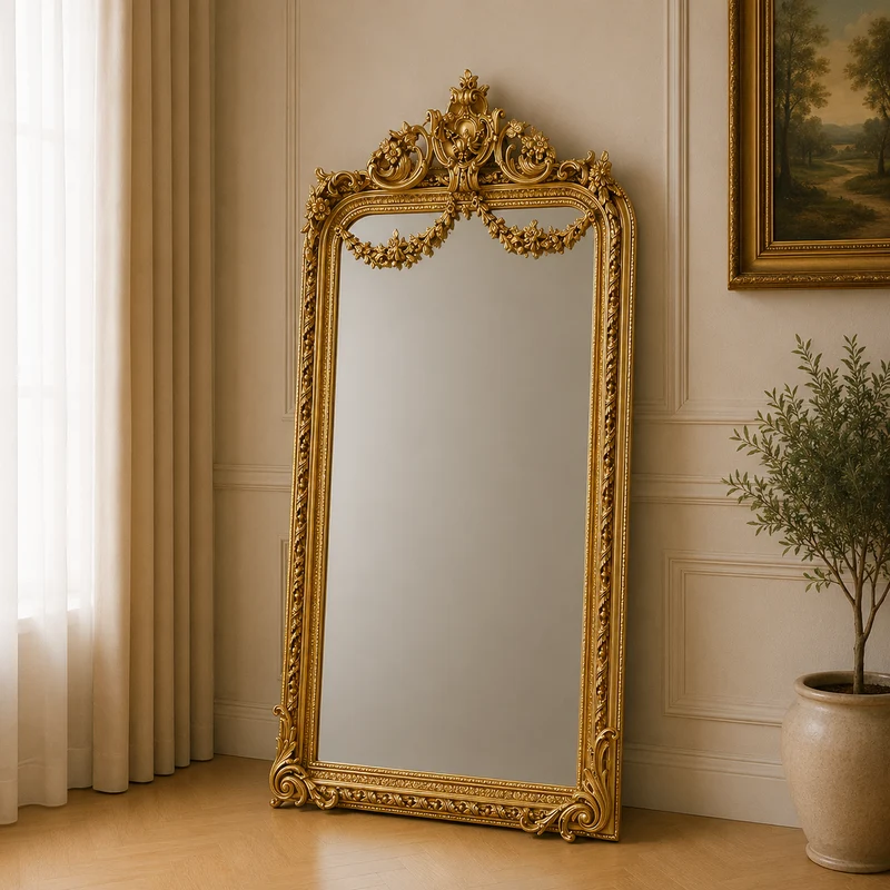 Casa Padrino Barock Standspiegel Gold 120 x H. 225 cm - mit Blumenkorb Bekrönung - Handgefertigter Antik Stil Ganzkörperspiegel - Garderoben Spiegel - Schlafzimmer Spiegel - Barock Möbel
