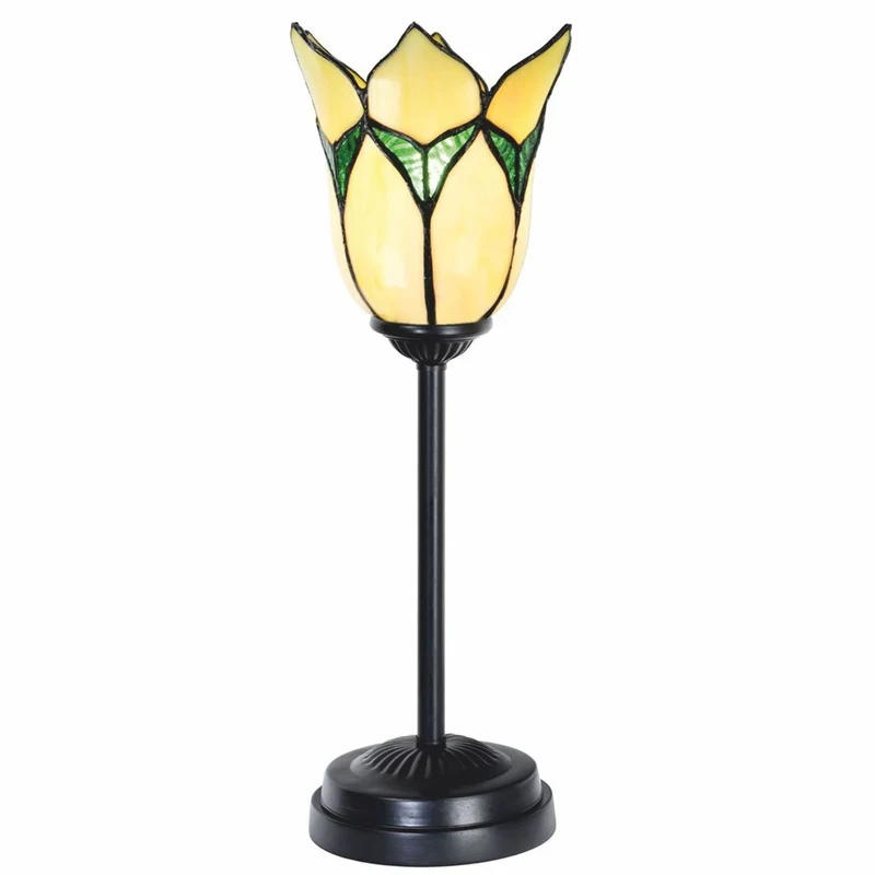 Casa Padrino Art Deco Tiffany Tischleuchte Blume Gelb / Grün / Schwarz H. 46 cm - Elegante Schreibtischleuchte - Tiffany Leuchten