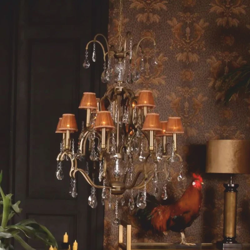 Casa Padrino Barock Kristall Kronleuchter Gold / Braun Ø 95 x H. 135 cm - Prunkvoller Metall Kronleuchter mit Stofflampenschirmen - Barock Leuchten