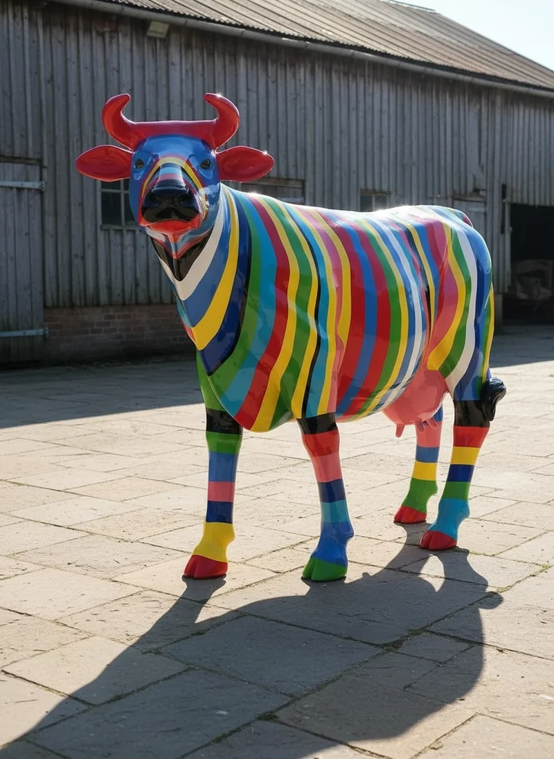 Casa Padrino Luxus Deko Skulptur Kuh Multicolored Striped Cow H. 150 cm - Riesige Gartenskulptur - Lebensgroße Skulptur - XXL Deko Skulptur - XXL Deko Figur