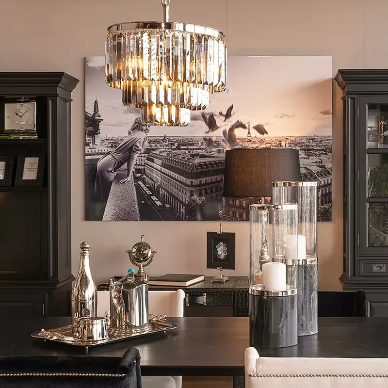 Casa Padrino Luxus Hängeleuchte Rauchglas / Silber Ø 54 x H. 42 cm - Dreistufige Kristall Pendelleuchte