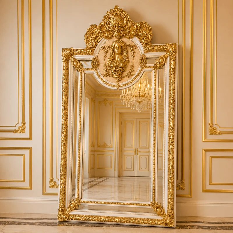 Casa Padrino Barock Standspiegel Weiß / Gold 115 x H. 220 cm - mit Damen Relief - Handgefertigter Antik Stil Ganzkörperspiegel - Garderoben Spiegel - Schlafzimmer Spiegel - Barock Möbel
