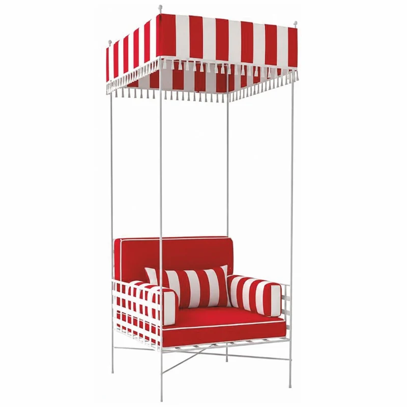 Casa Padrino Luxus Schmiedeeisen Sessel mit Sonnendach Rot / Weiß H. 200 cm