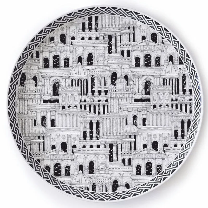 Casa Padrino Luxus Serviertablett Weiß / Schwarz Ø 40 cm - Rundes Metall Tablett - Gastronomie Accessoires - Handbemalt in Italien