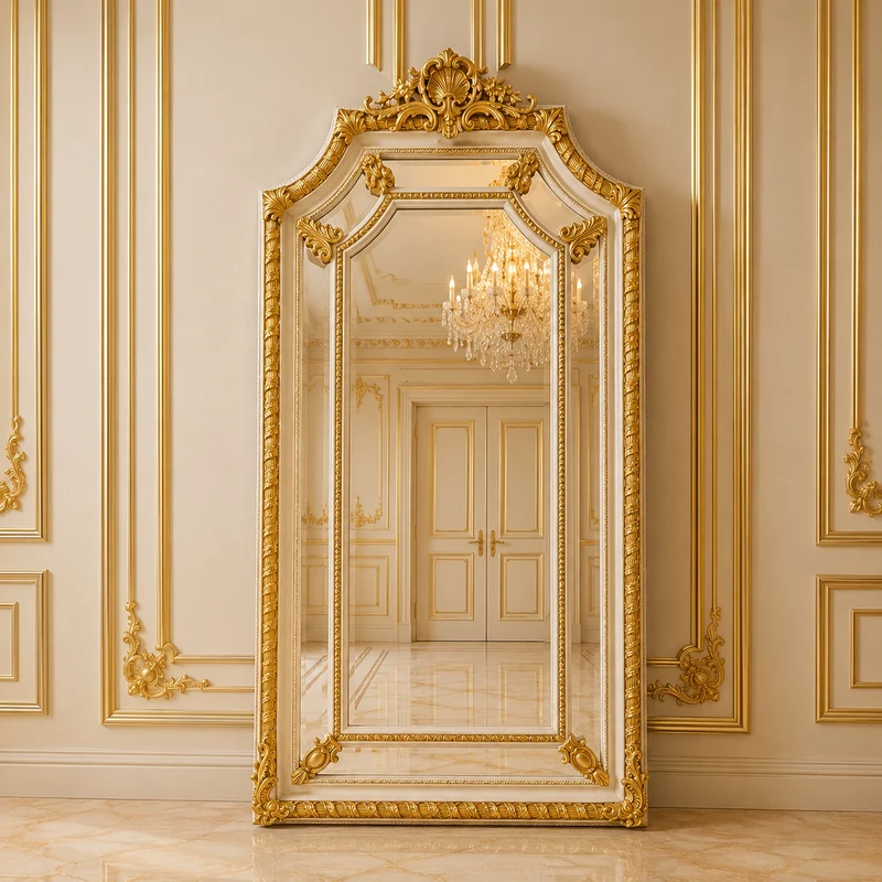 Casa Padrino Barock Standspiegel Creme / Gold 115 x H. 215 cm - mit Muschel Bekrönung - Handgefertigter Antik Stil Ganzkörperspiegel - Garderoben Spiegel - Schlafzimmer Spiegel - Barock Möbel