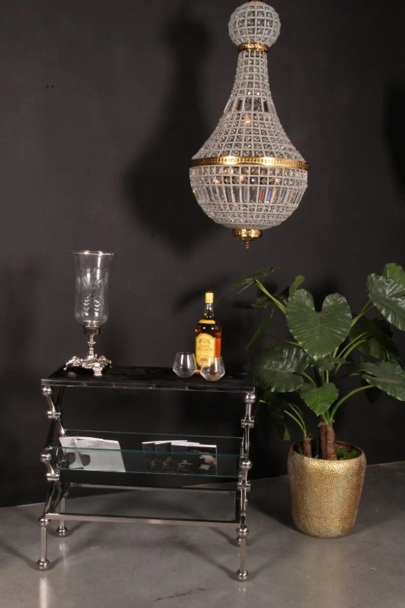 Casa Padrino Luxus Konsolentisch mit Fellauflage Silber / Schwarz 82 x 34 x H. 76 cm - Beistelltisch mit 2 Glasablagen