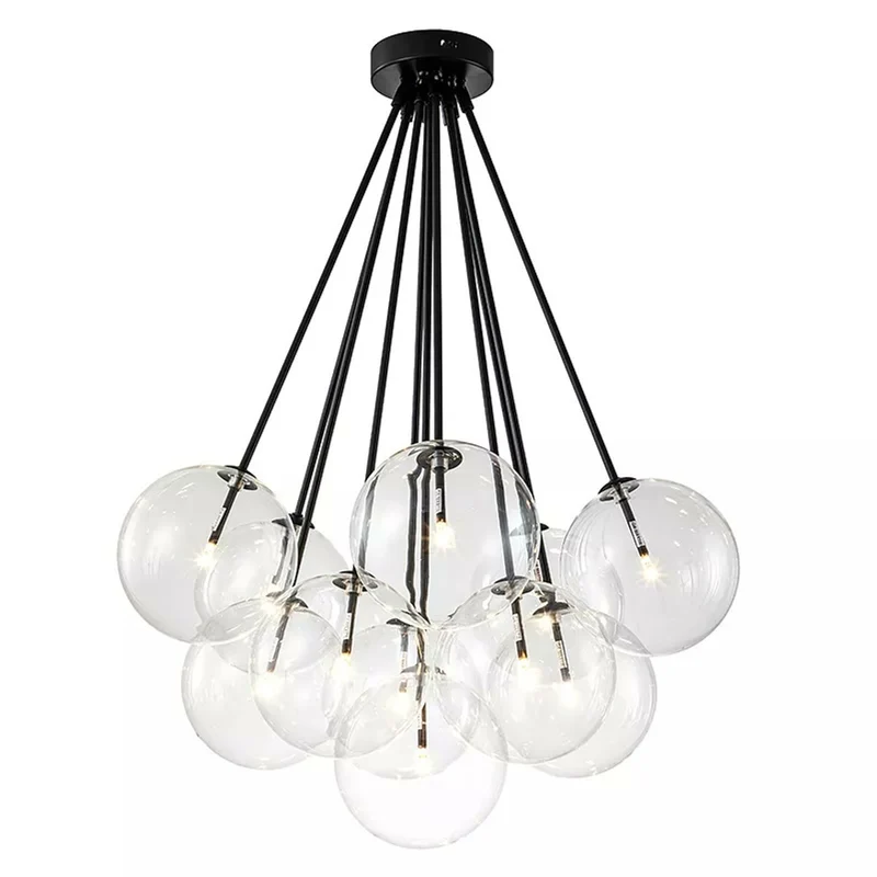 Casa Padrino Hängeleuchte Schwarz / Transparent Ø 66 x H. 95 cm - Moderne Pendelleuchte mit 13 Glaskugeln