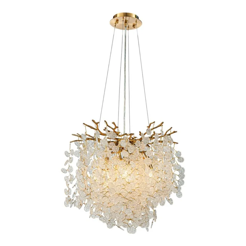 Casa Padrino Luxus Kronleuchter Gold Ø 40 x H. 30 cm - Kristall Lüster mit Zweigen und Glasblättern