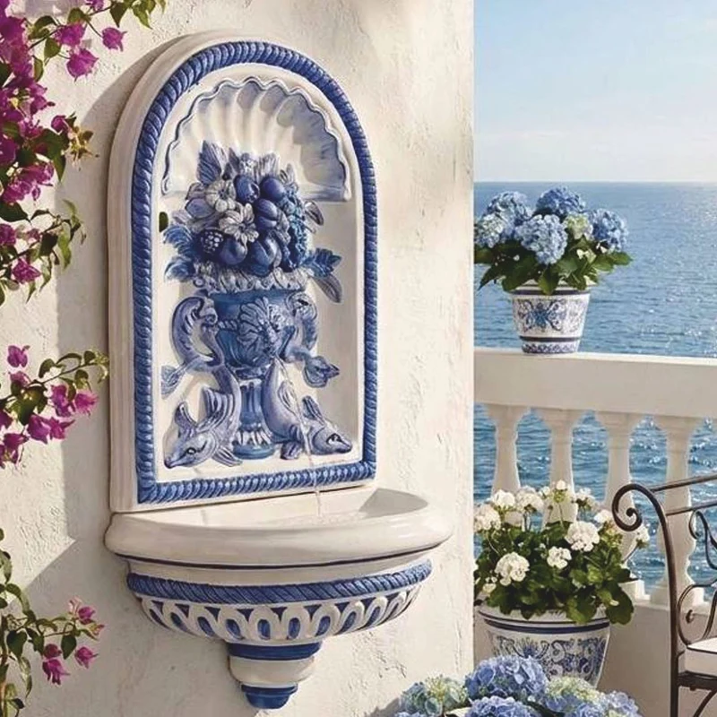 Casa Padrino Luxus Jugendstil Wandbrunnen Weiß / Blau H. 130 cm - Garten Deko