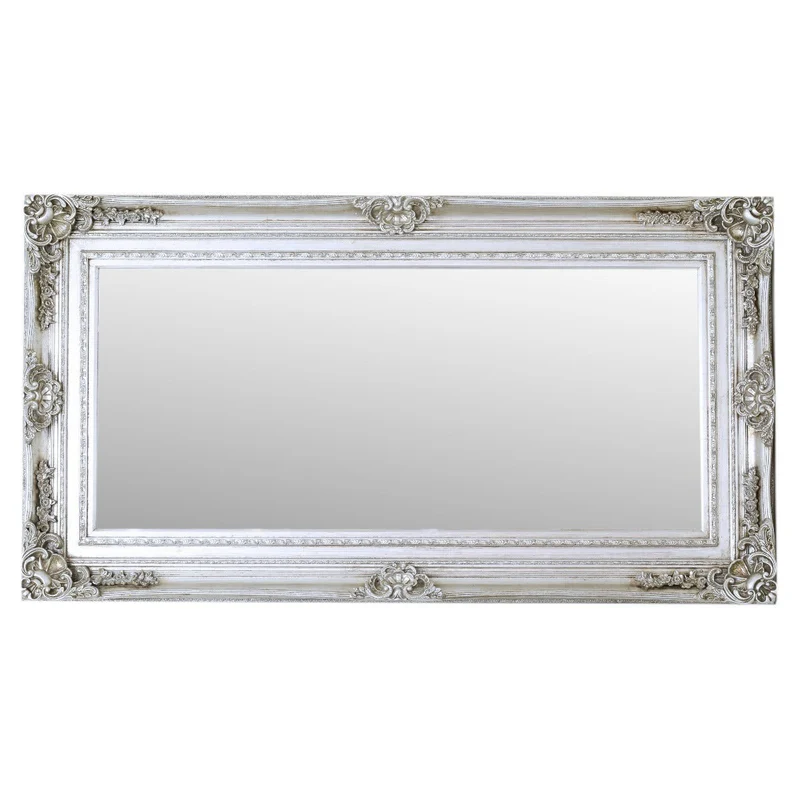 Casa Padrino Barock Spiegel Antik Silber 210 x H. 110 cm - mit Muschel Bekrönung - Prunkvoller Wandspiegel im Barockstil - Antik Stil Garderoben Spiegel - Wohnzimmer Spiegel - Barock Möbel