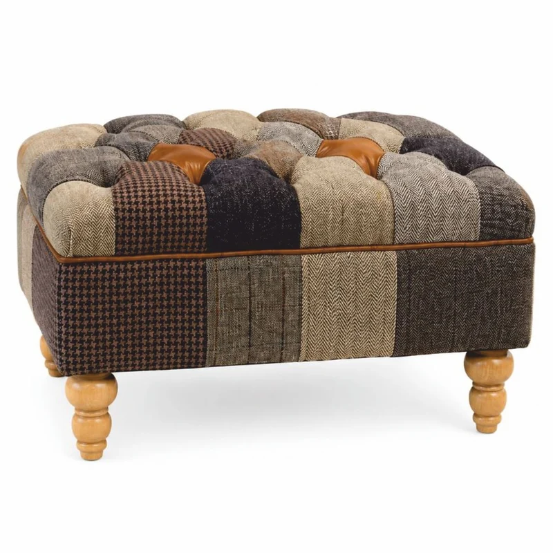 Casa Padrino Luxus Chesterfield Patchwork Hocker Bunt / Naturfarben 90 cm - Rechteckiger Fußhocker - Chesterfield Möbel - Patchwork Möbel
