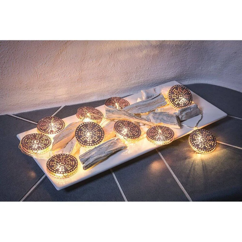 LED Dekolichterkette kupferfarbene Metalltaler 10 Warmweiße Dioden batteriebetrieben