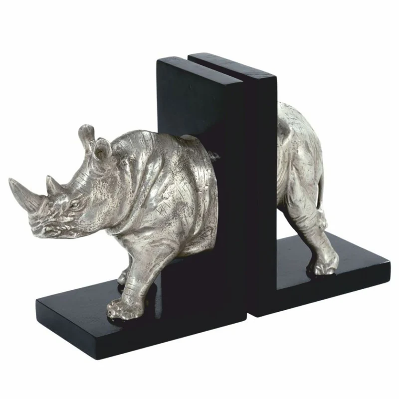 Casa Padrino Luxus Bücherstützen Set Nashorn Silber / Schwarz - Schreibtisch Deko