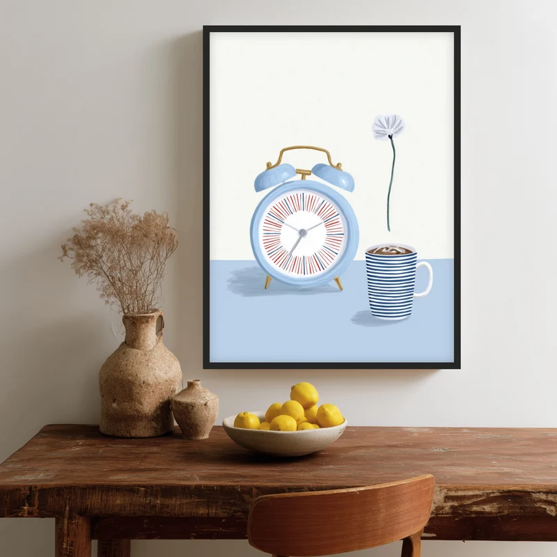 Wecker mit Kaffeetasse Poster