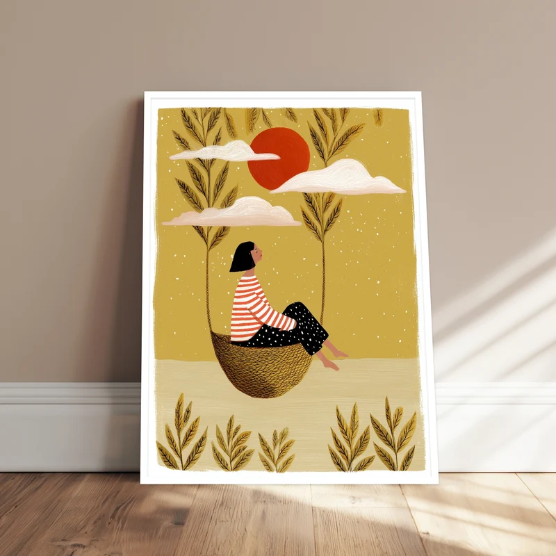 Frau auf Schaukel unter Sonne Poster